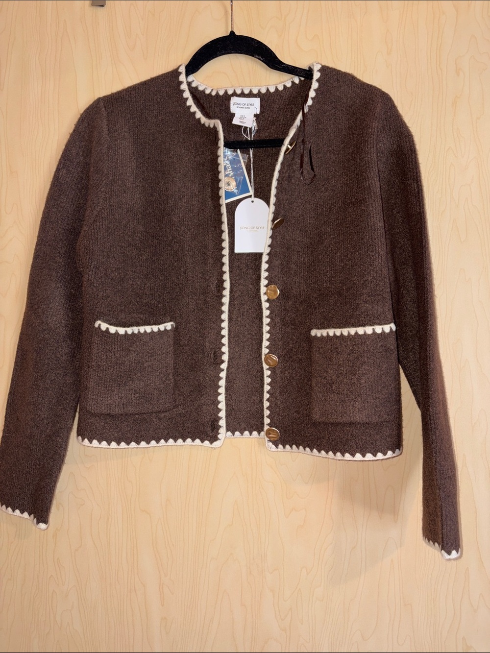 Song of Style Brown Knit Cropped Jacket with Cream Trim